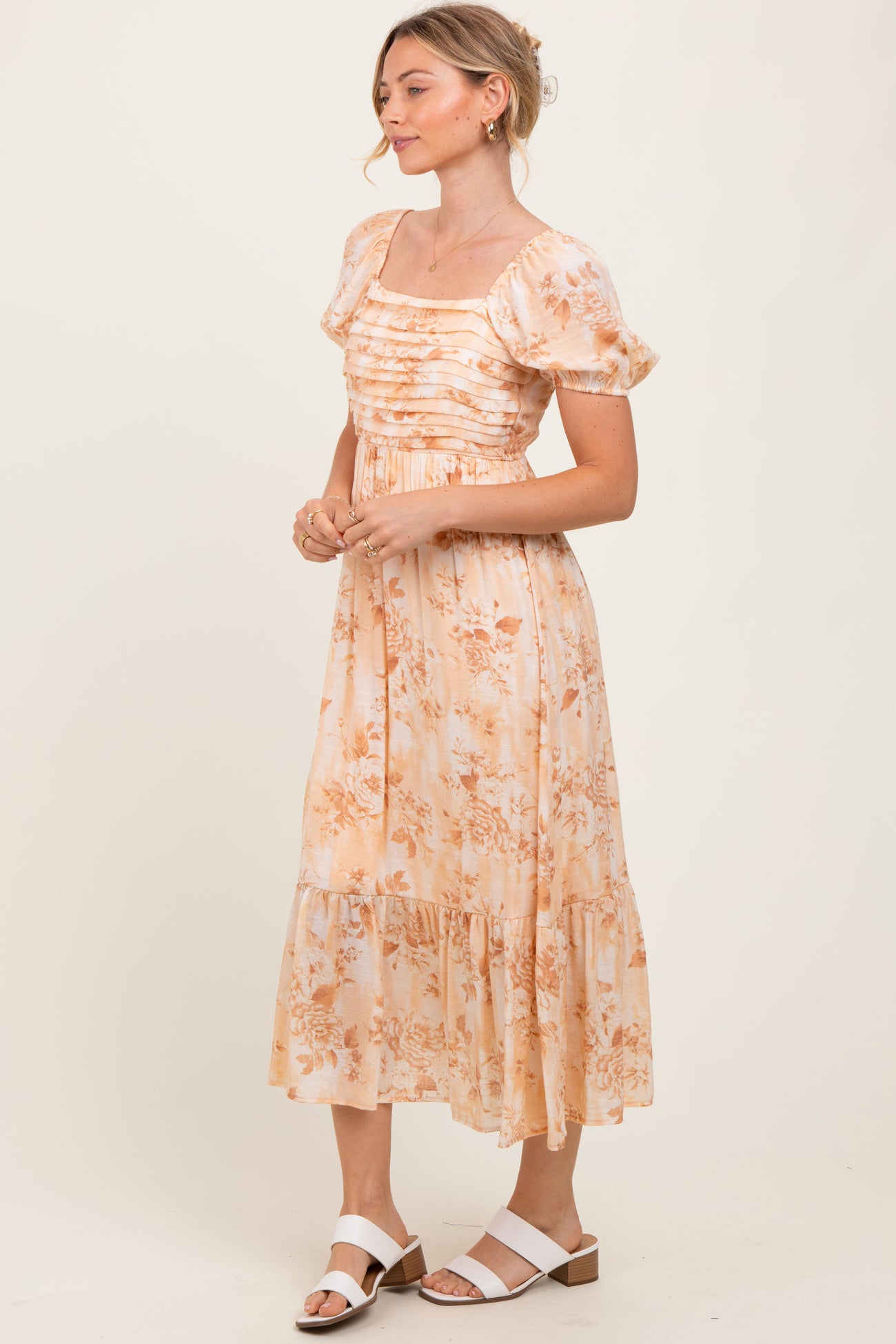 Peach Floral Pleated Bust Puff Sleeve Midi Dress