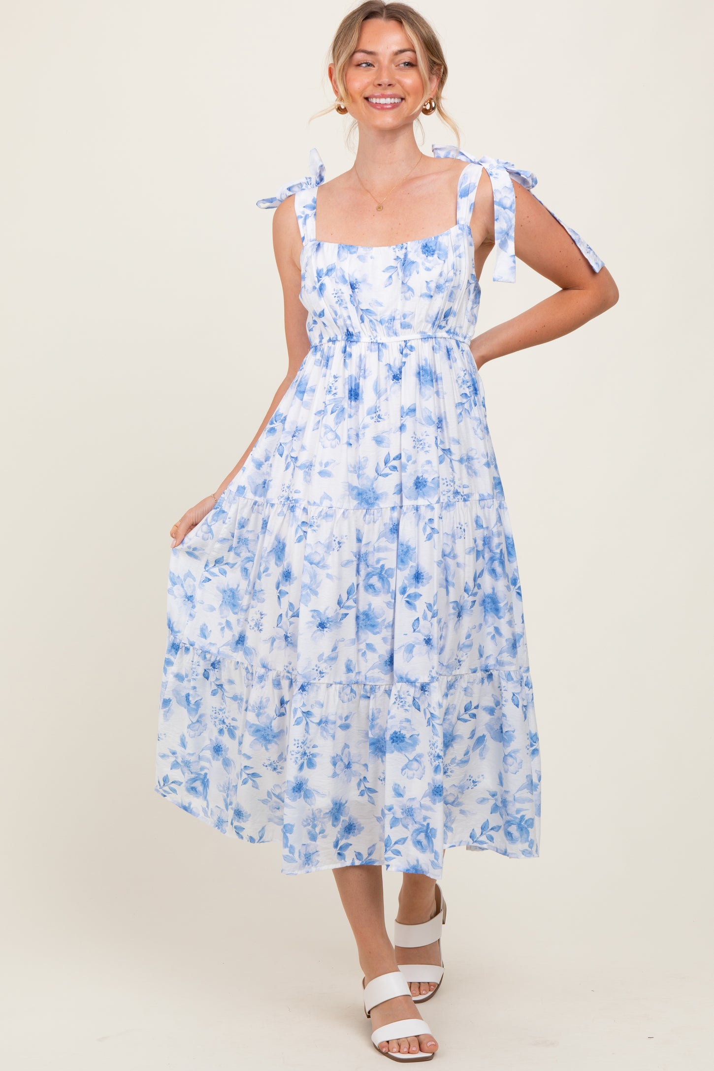 Blue Floral Shoulder Tie Tiered Maternity Midi Dress