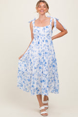 Blue Floral Shoulder Tie Tiered Maternity Midi Dress
