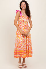 Yellow Floral Shoulder Tie Smocked Midi Dress