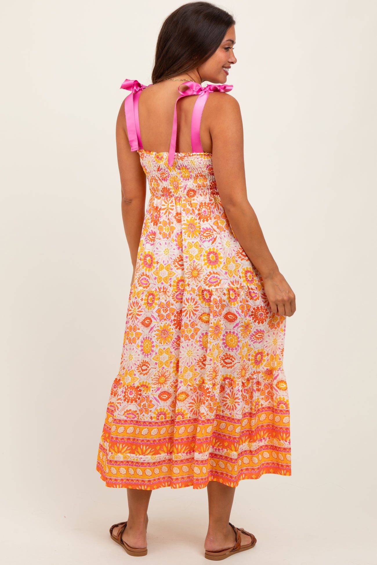 Yellow Floral Shoulder Tie Smocked Maternity Midi Dress