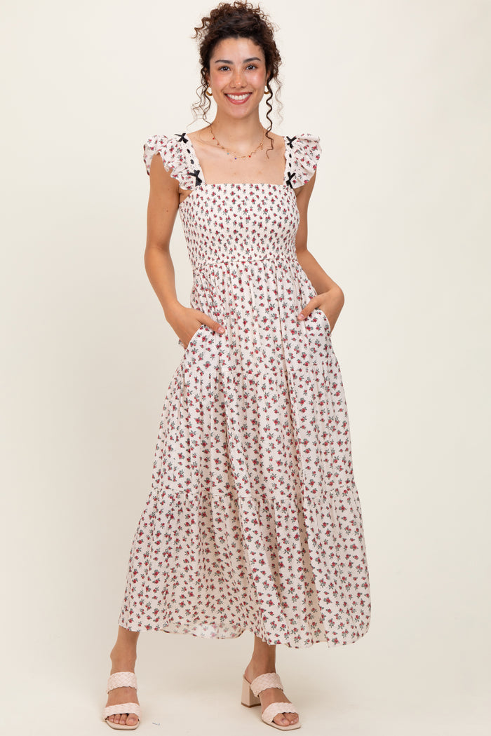 Red Floral Bow Trim Lace Detail Smocked Maternity Maxi Dress