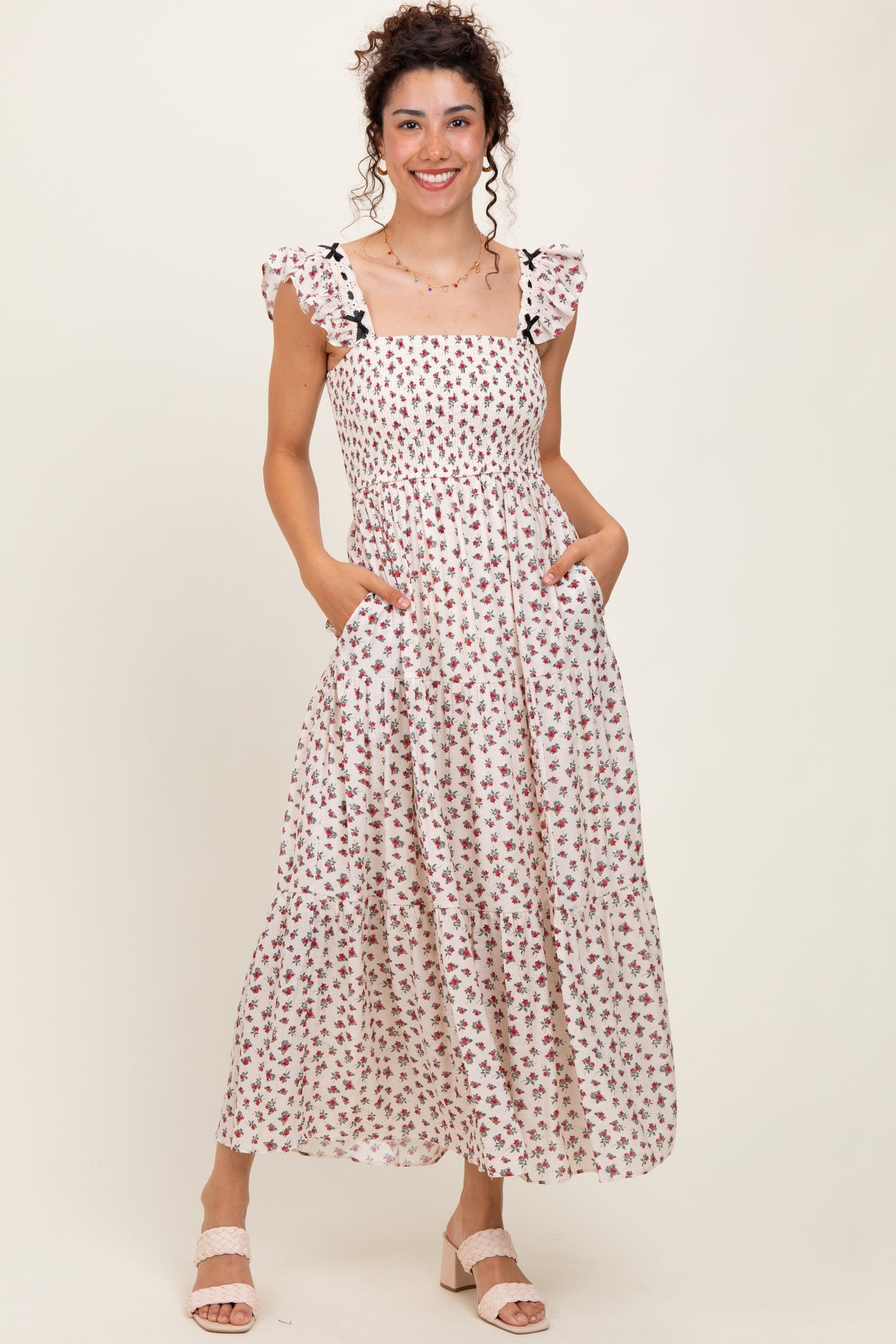 Red Floral Bow Trim Lace Detail Smocked Maxi Dress