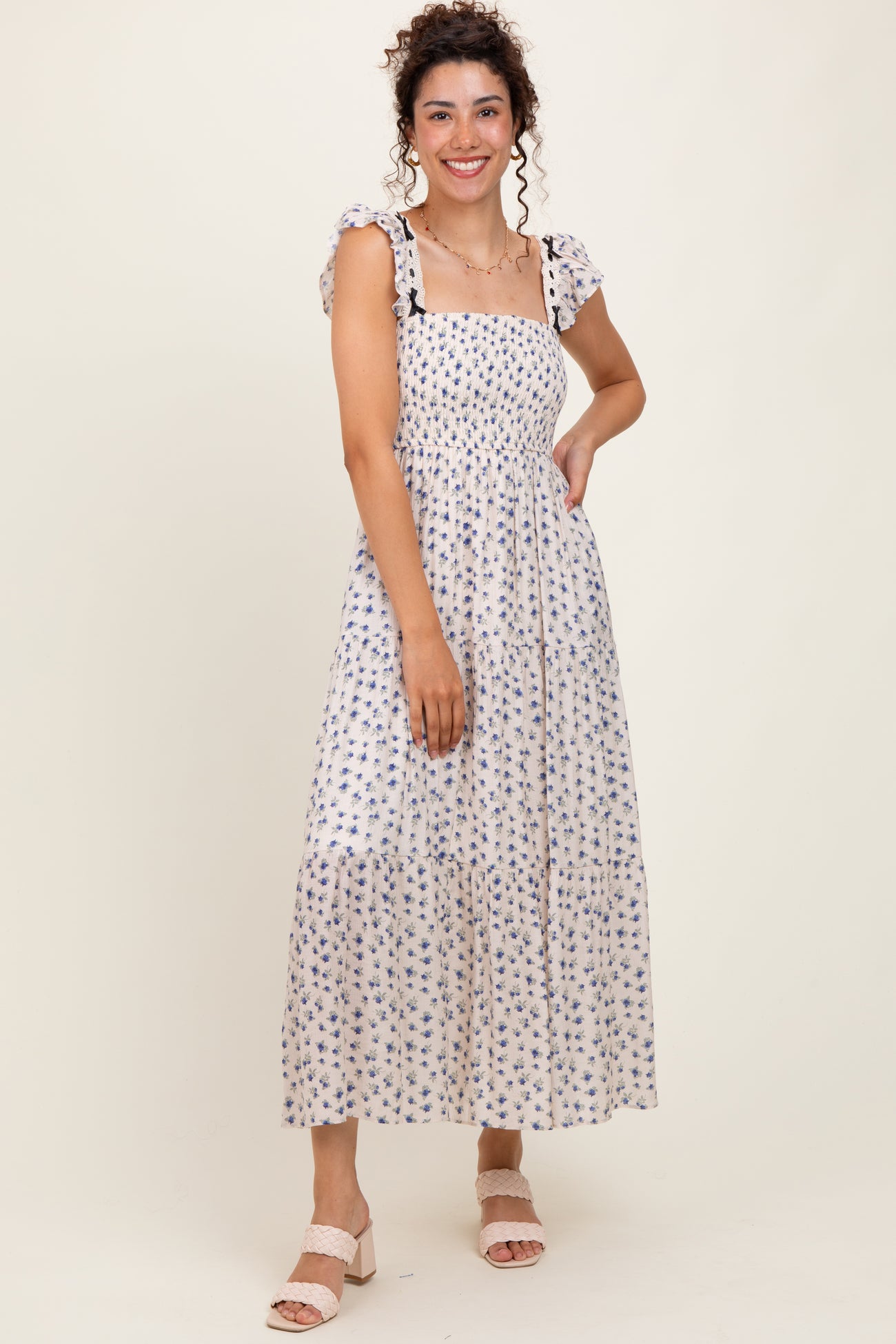 Blue Floral Bow Trim Lace Detail Smocked Maxi Dress
