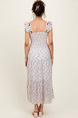 Blue Floral Bow Trim Lace Detail Smocked Maxi Dress