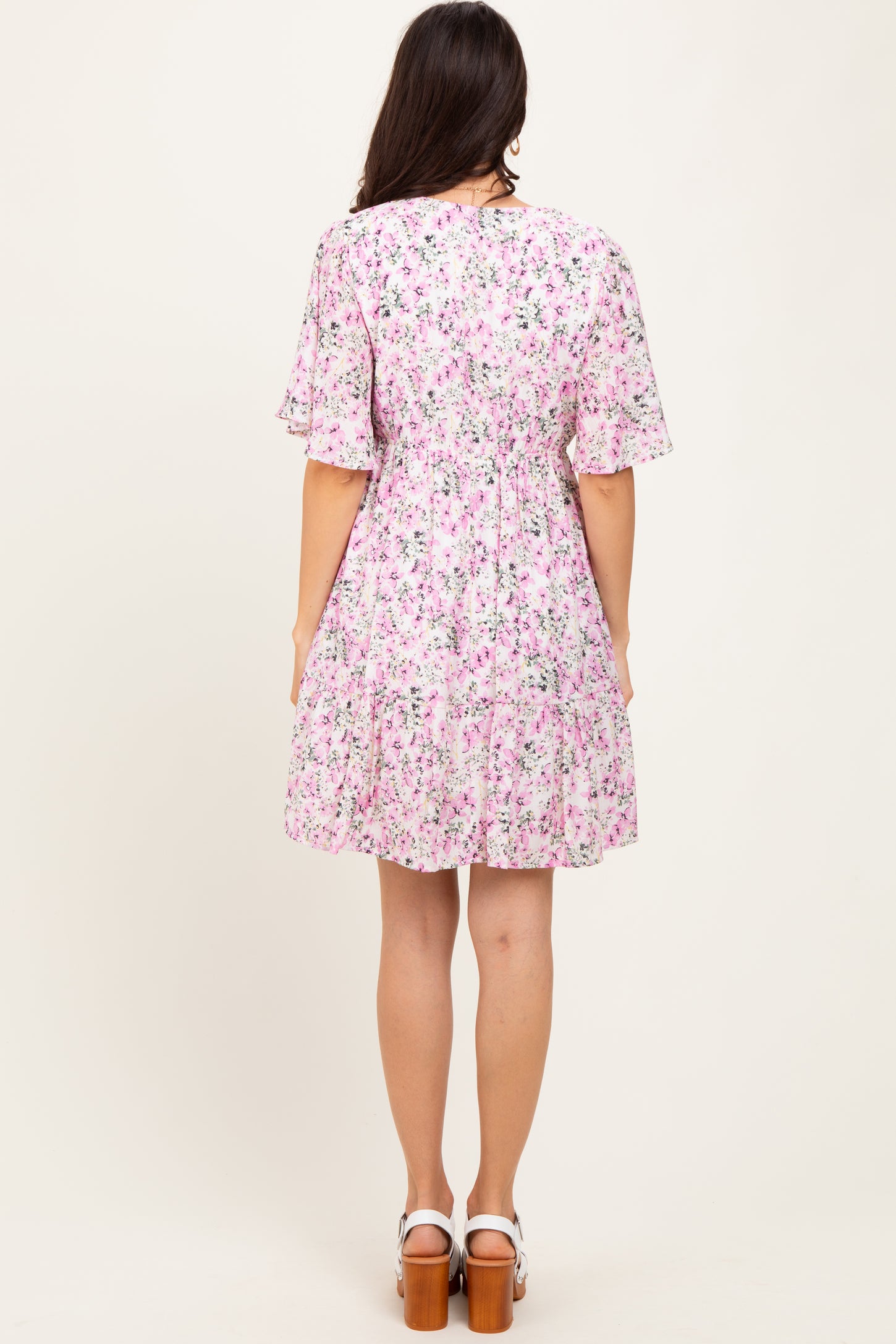 Pink Floral V-Neck Flutter Sleeve Mini Dress