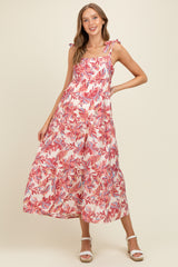 Mauve Floral Shoulder Tie Midi Dress