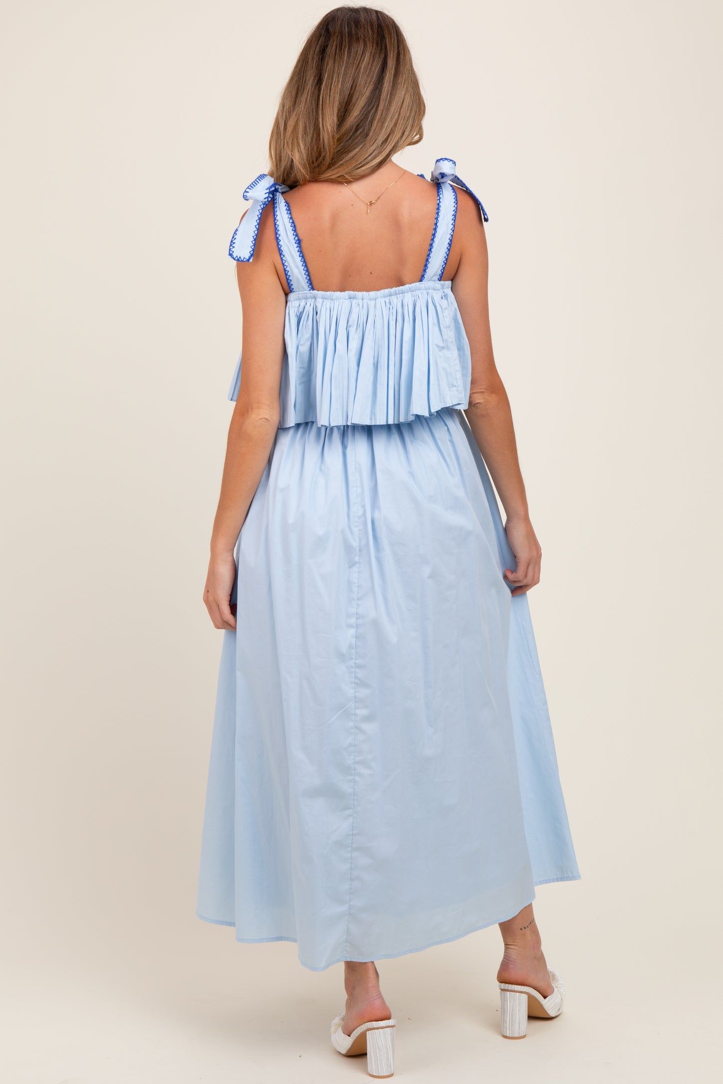Light Blue Shoulder Tie Flounce Maternity Midi Dress