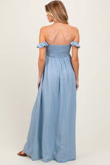 Light Chambray Smocked Denim Off-Shoulder Maternity Maxi Dress