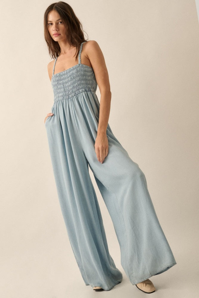 Light Blue Chambray Smocked Maternity Jumpsuit