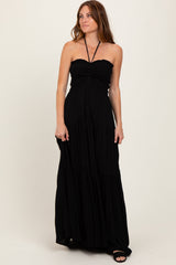 Black Smocked Halter Tiered Maxi Dress