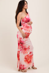 Light Pink Floral One Shoulder Ruched Maternity Maxi Dress