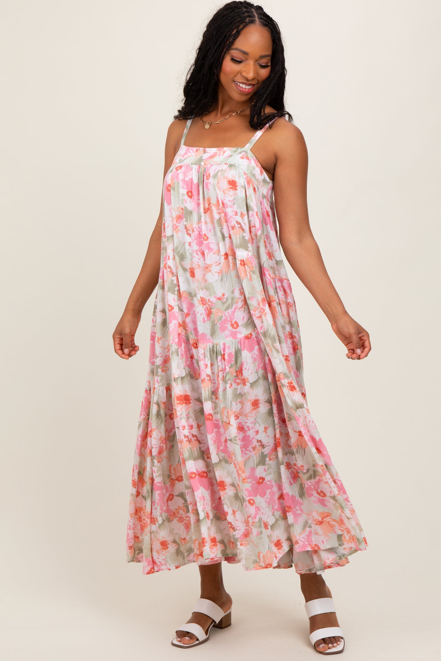 Olive/Fuchsia Tropical Floral Tiered Maxi Dress