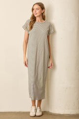 woman wearing a gray and white striped maxi dress with short sleeves and a relaxed fit