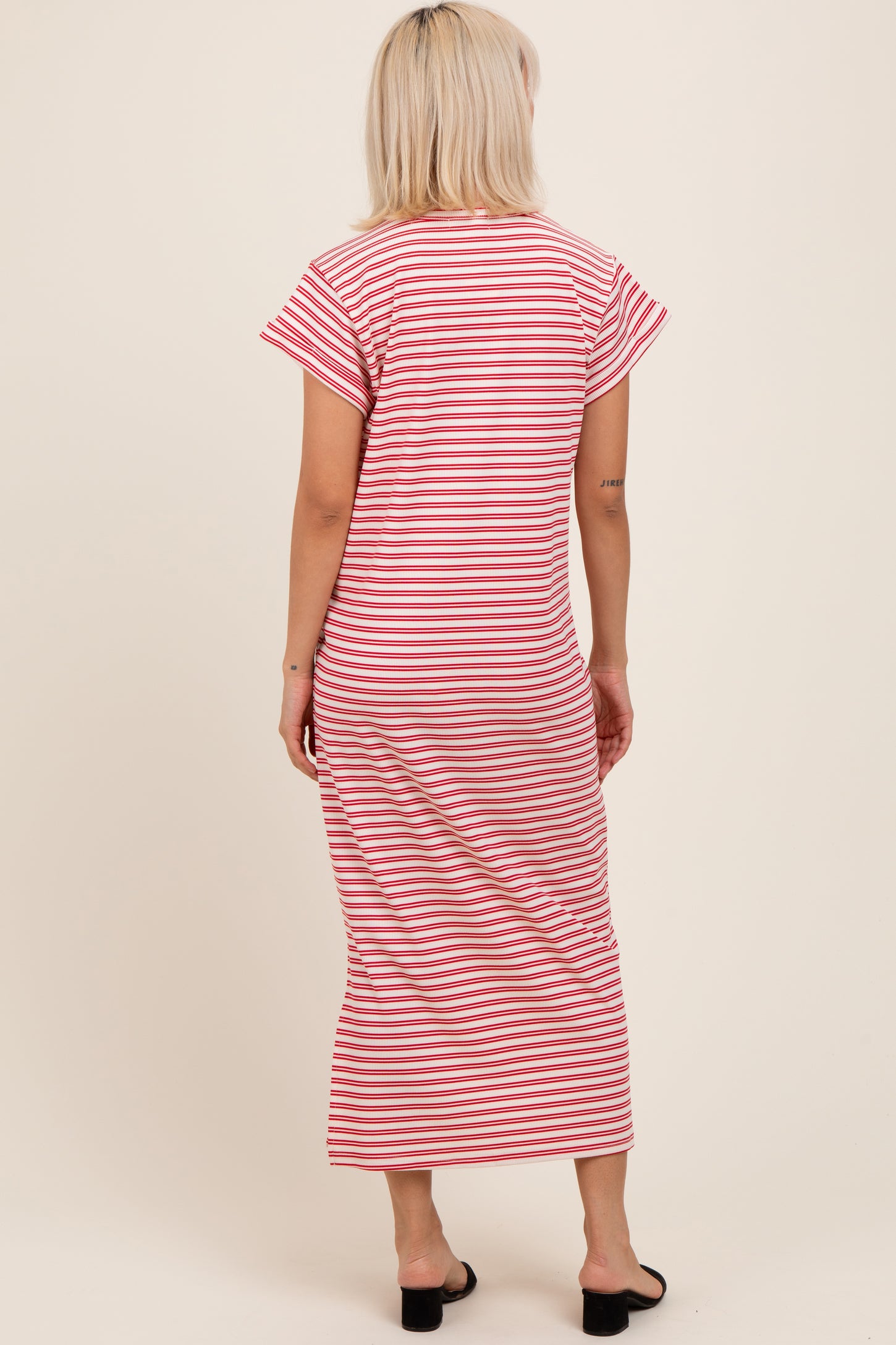 Red Striped Maternity Midi T-Shirt Dress
