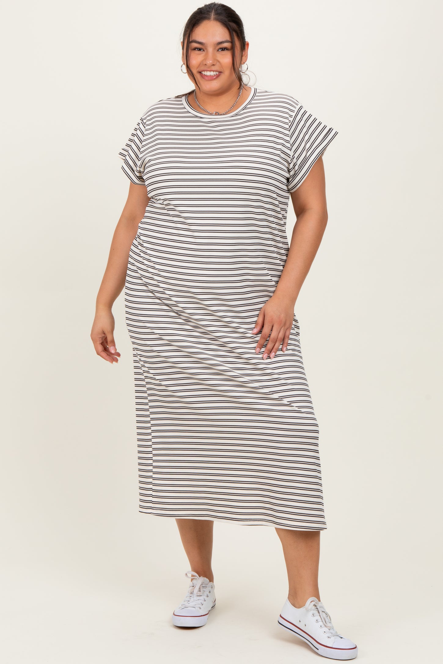 Black Striped Plus Midi T-Shirt Dress