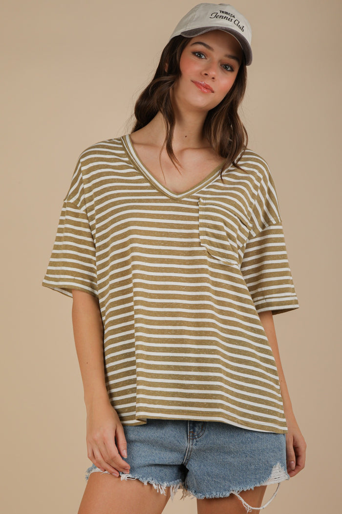 Olive Striped Oversized V-Neck Front Pocket Maternity T-Shirt