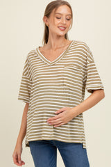 Olive Striped Oversized V-Neck Front Pocket Maternity T-Shirt