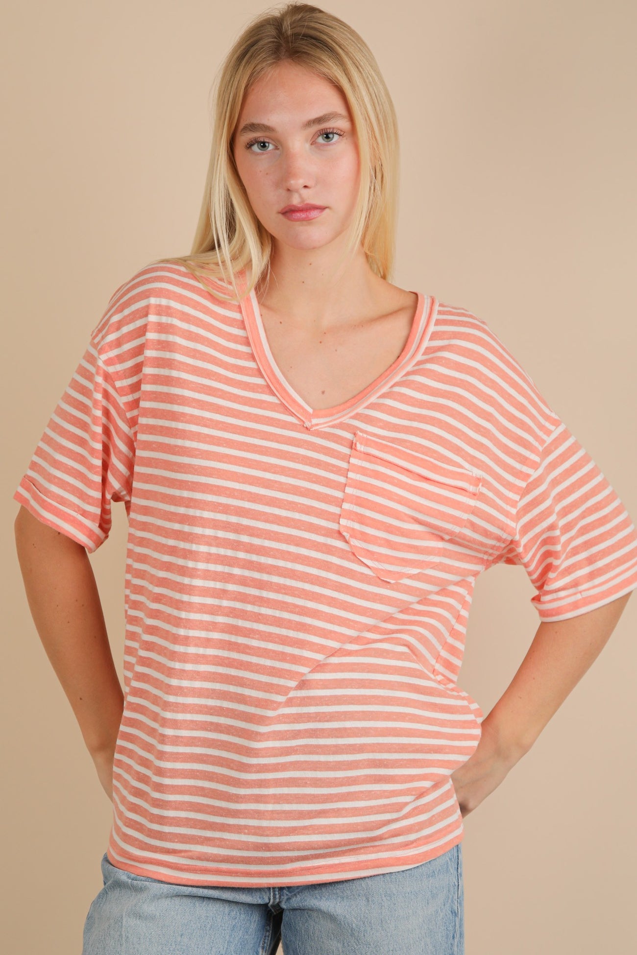 Peach Striped Oversized V-Neck Front Pocket T-Shirt