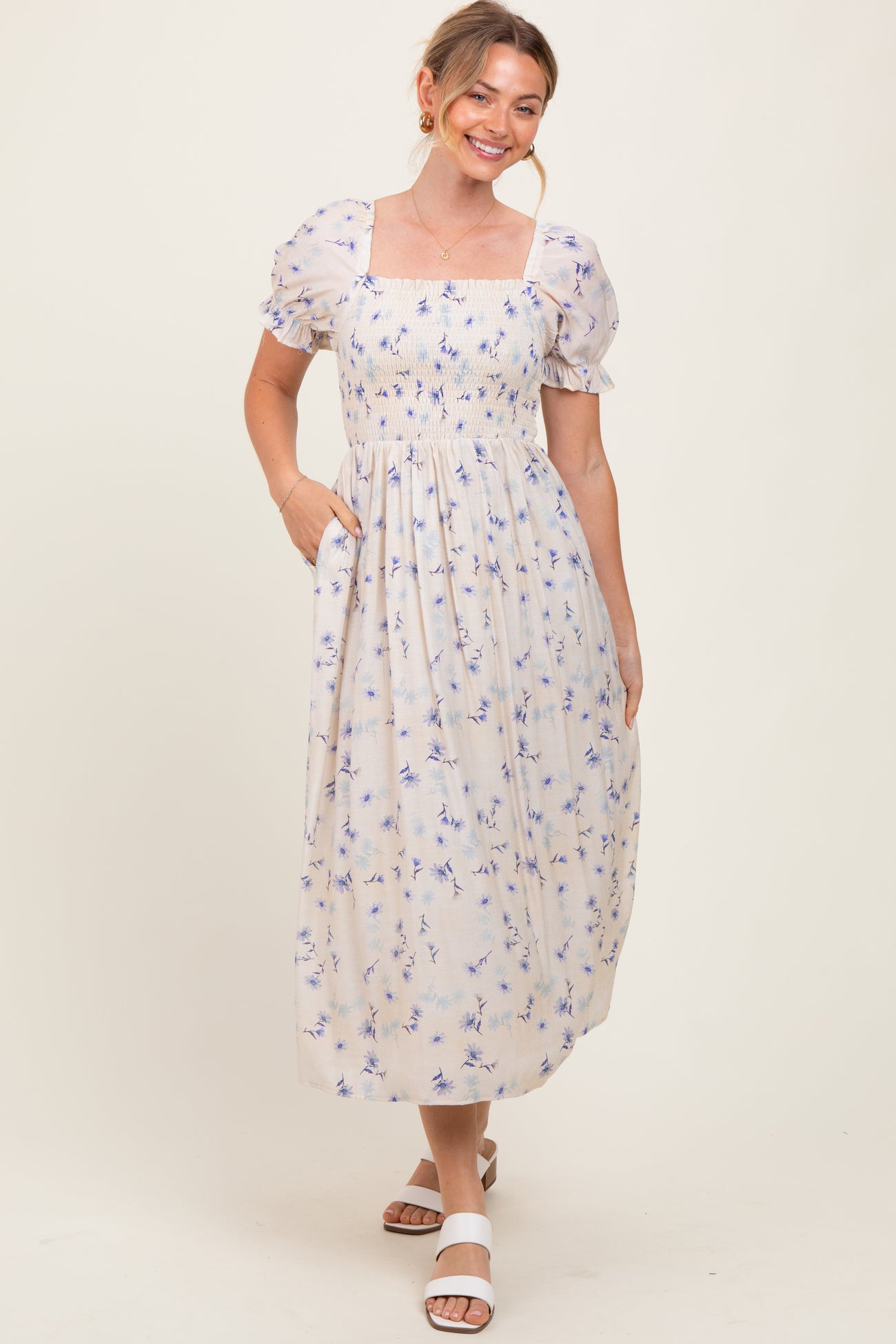 Blue Floral Printed Puff Sleeve Midi Dress