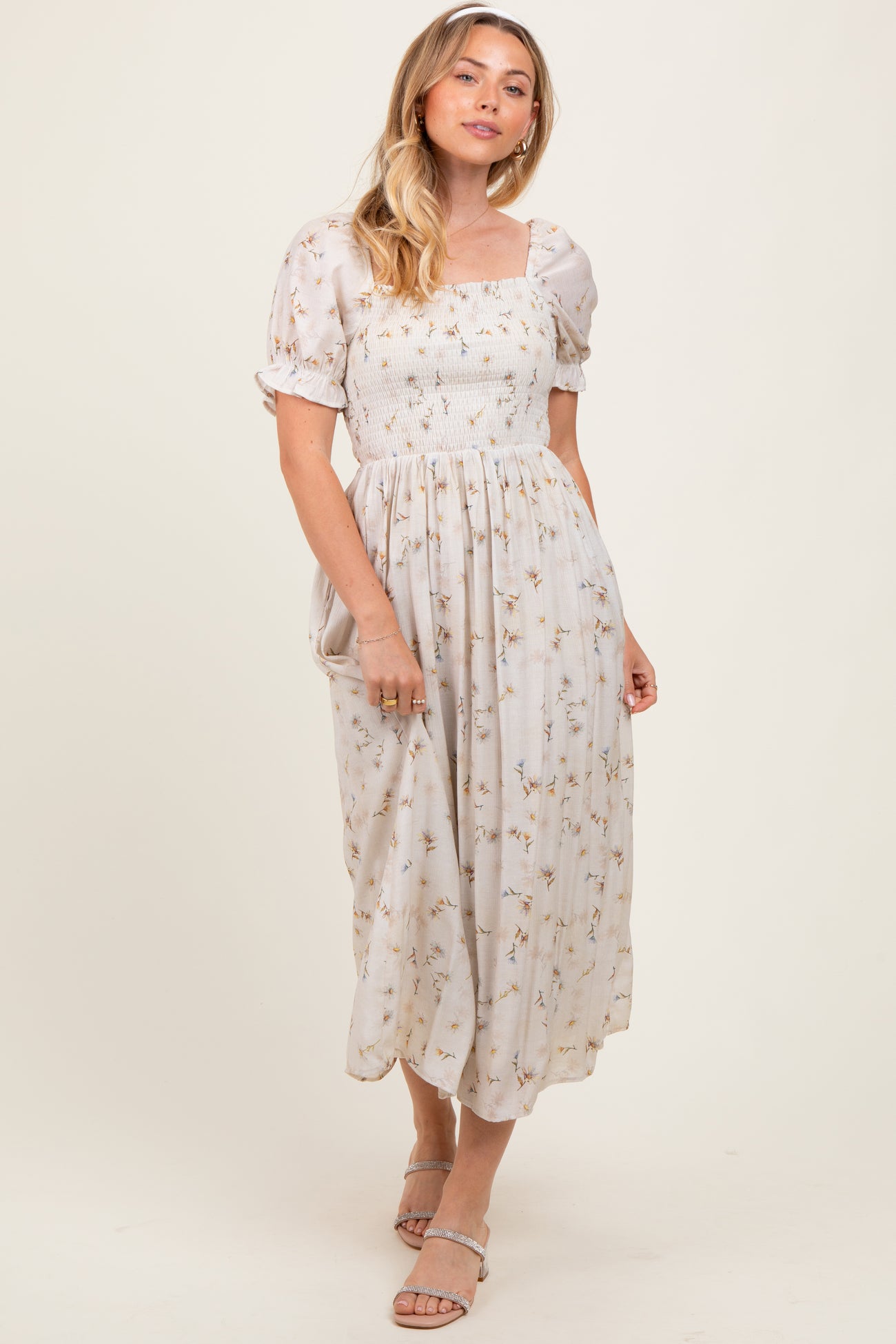 Yellow Floral Printed Puff Sleeve Maternity Midi Dress