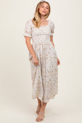 Yellow Floral Printed Puff Sleeve Maternity Midi Dress