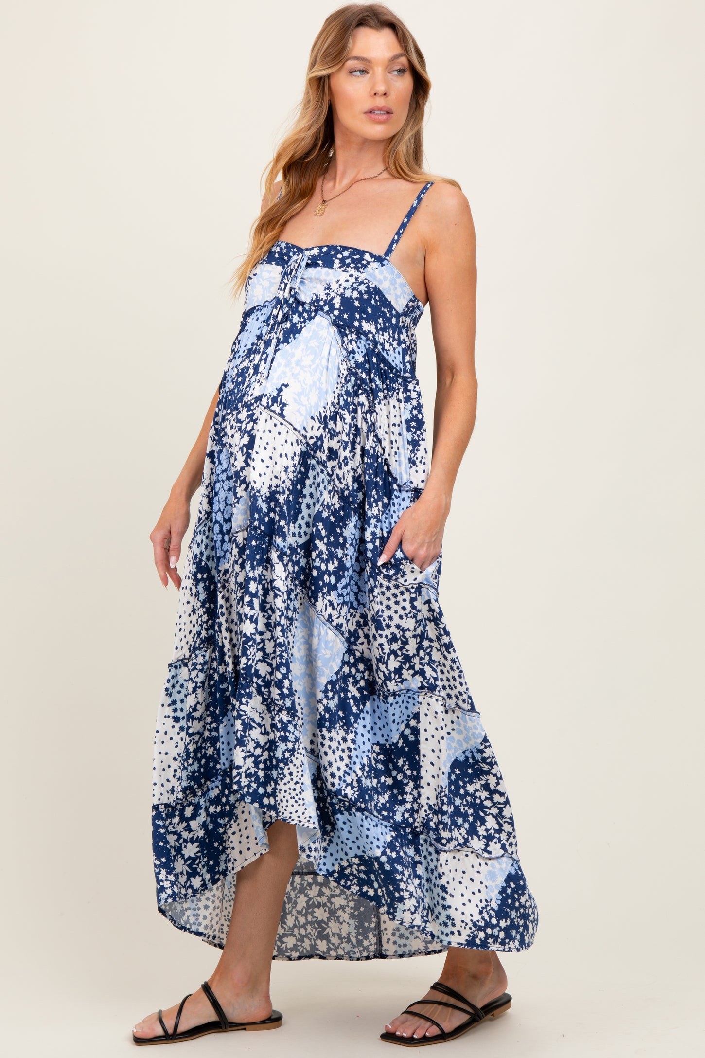 Navy Blue Floral Tiered Spaghetti Strap Maternity Maxi Dress