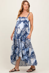 Navy Blue Floral Tiered Spaghetti Strap Maternity Maxi Dress