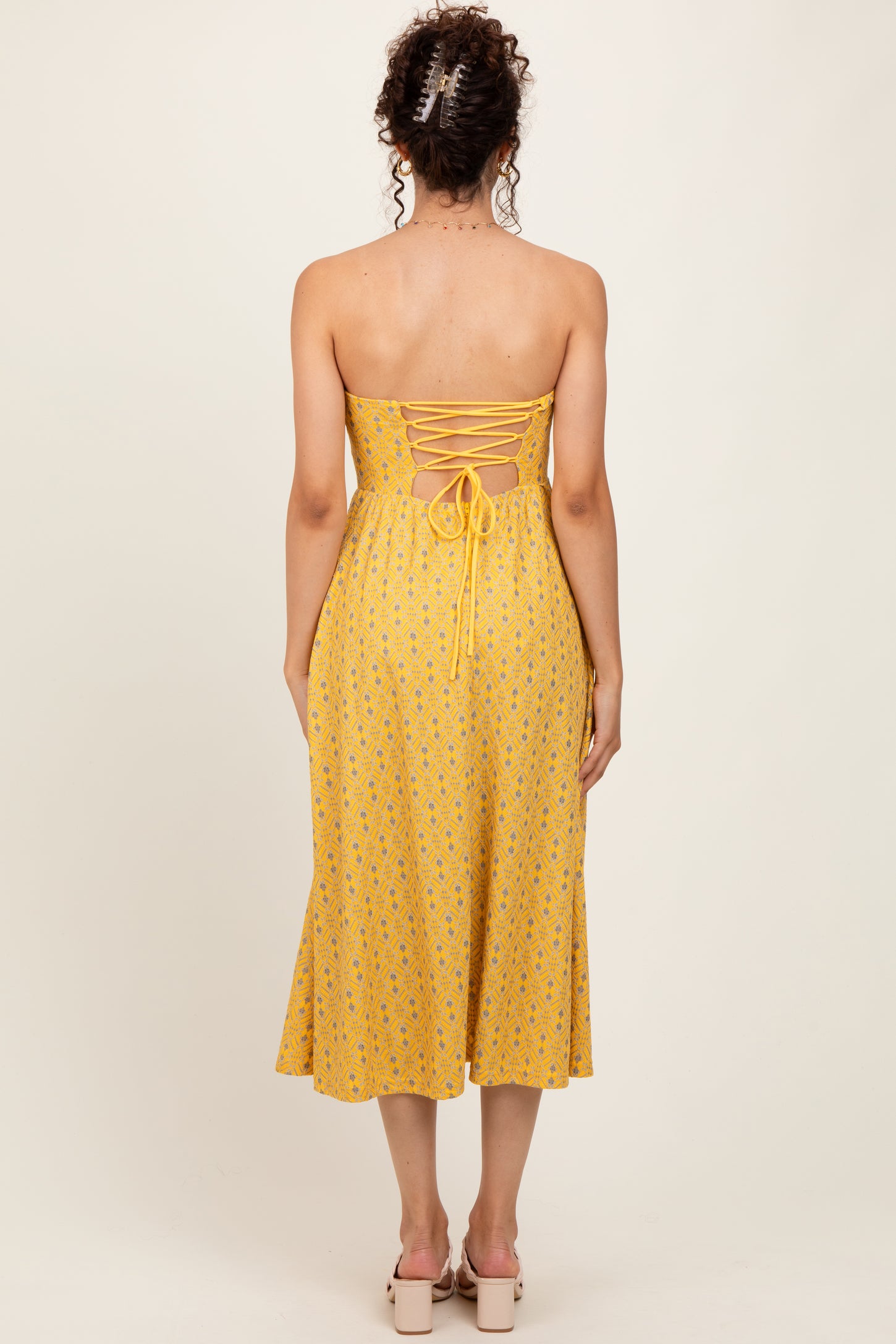 Yellow Lace Strapless Lace Up Back Midi Dress