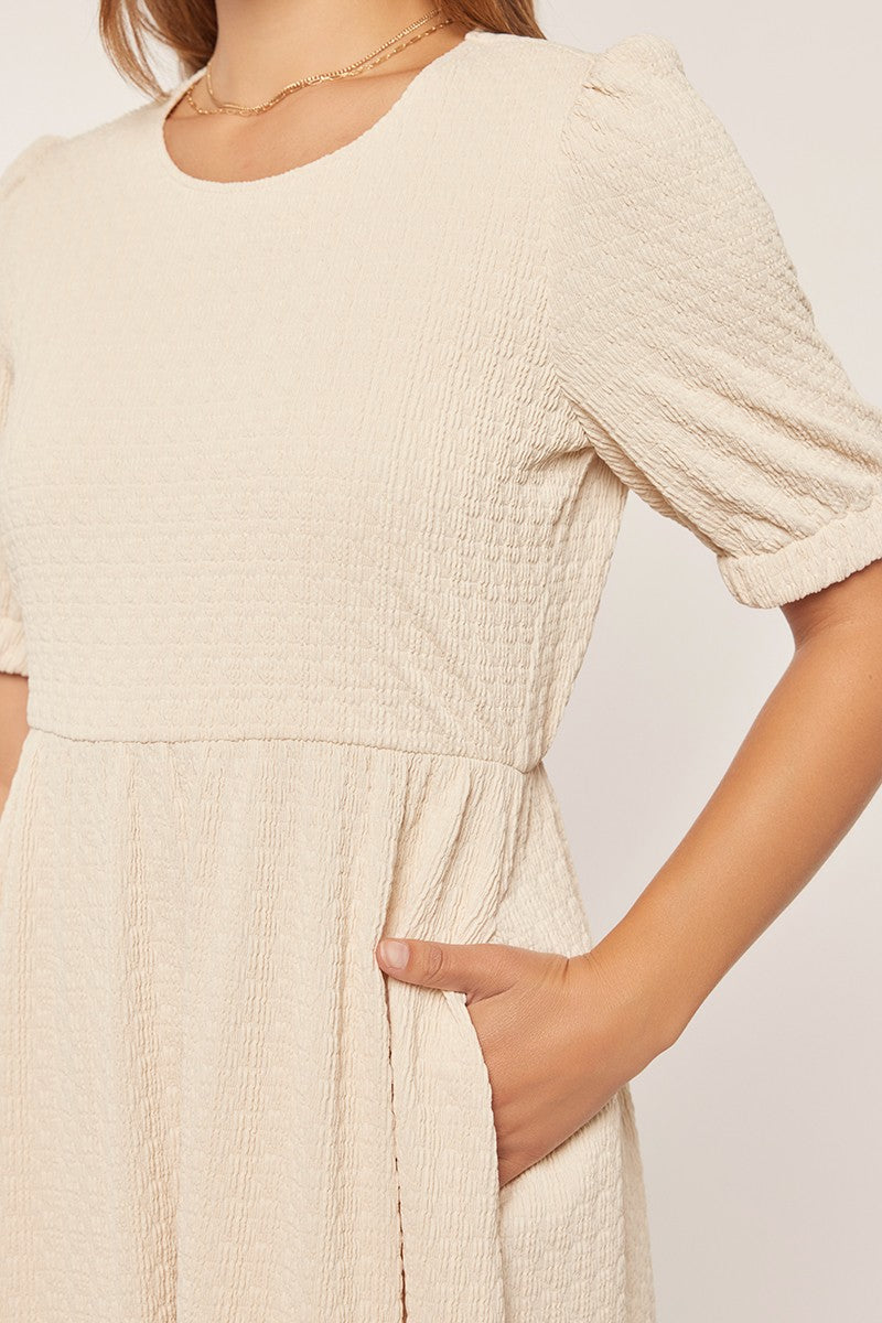 Ivory Textured Knit Puff Sleeve Midi Dress