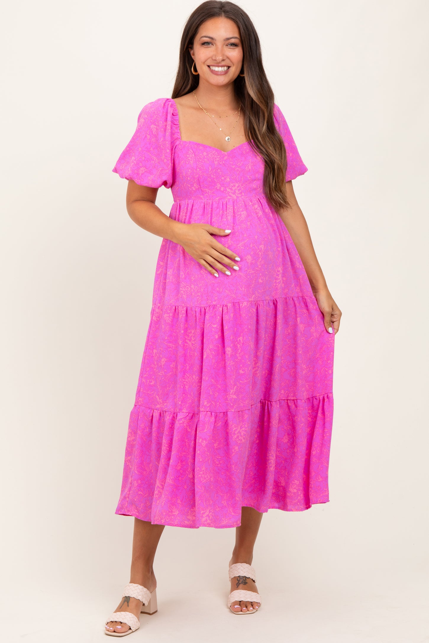 Pink Printed Puff Sleeve Tiered Maternity Midi Dress