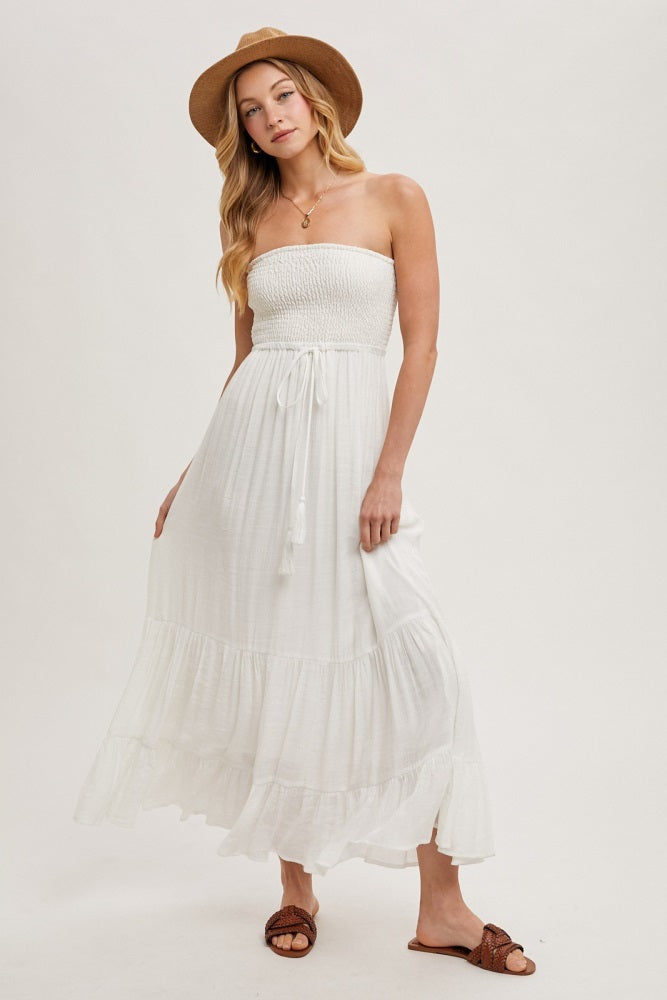 Ivory Smocked Strapless Front Tie Maxi Dress