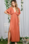 Rust V-Neck Flutter Sleeve Side Slit Maxi Dress