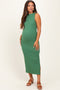 Green Mock Neck Side Slit Maternity Midi Dress