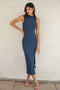 Blue Mock Neck Side Slit Midi Dress