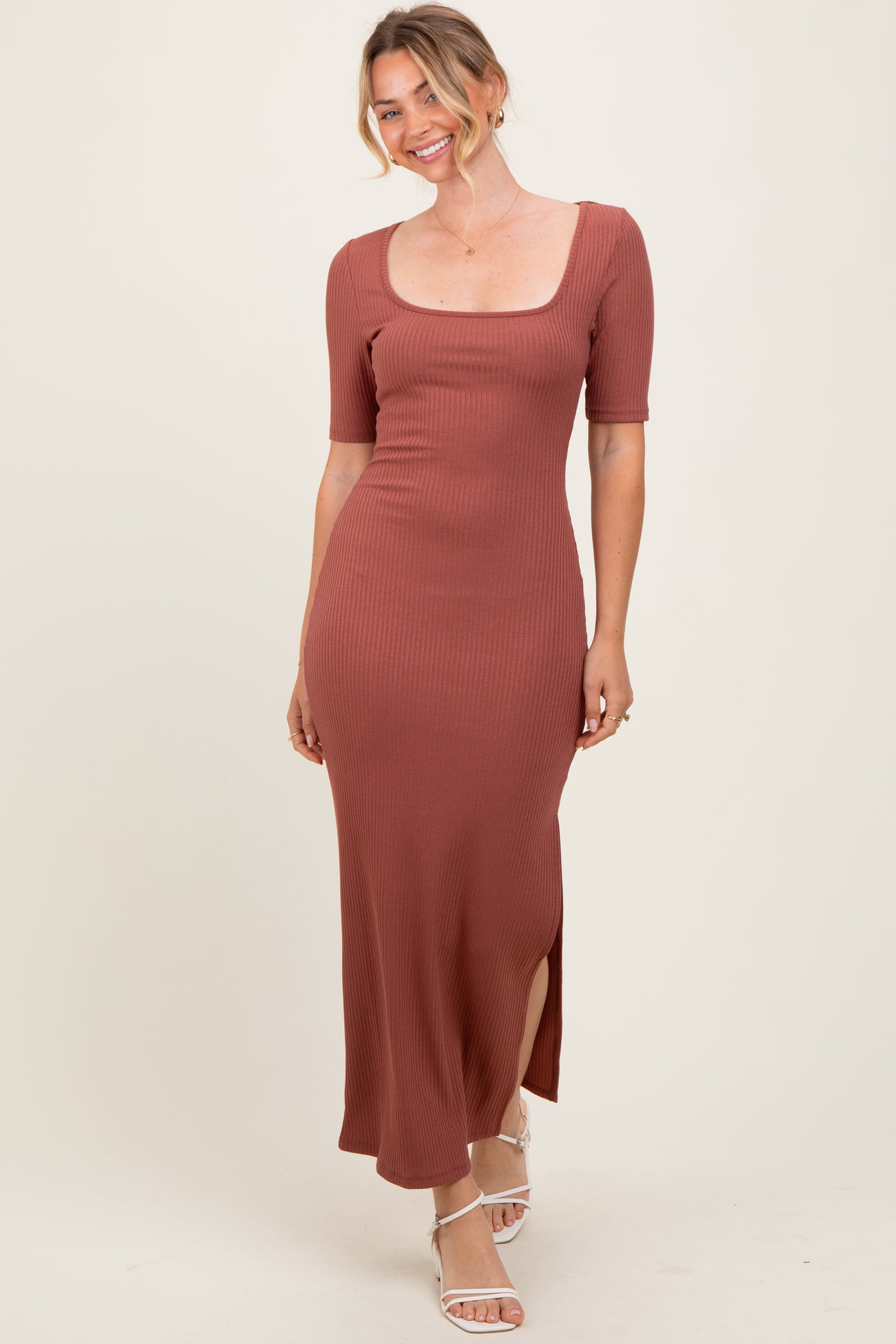 Mauve Ribbed Short Sleeve Side Slit Maternity Midi Dress