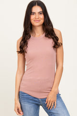 Mauve Ribbed Basic Crew Neck Tank