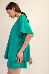 Green Oversized Raw Hem Short Sleeve Tee
