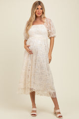 Cream Floral Mesh Overlay Tie Back Maternity Midi Dress