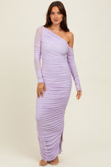 Lavender Ruched Mesh One Shoulder Long Sleeve Maternity Maxi Dress