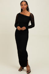 Black Ruched Mesh One Shoulder Long Sleeve Maxi Dress