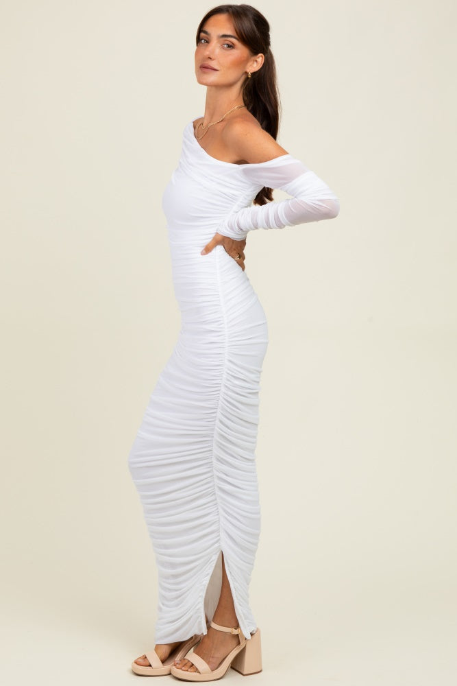 White Ruched Mesh One Shoulder Long Sleeve Maxi Dress
