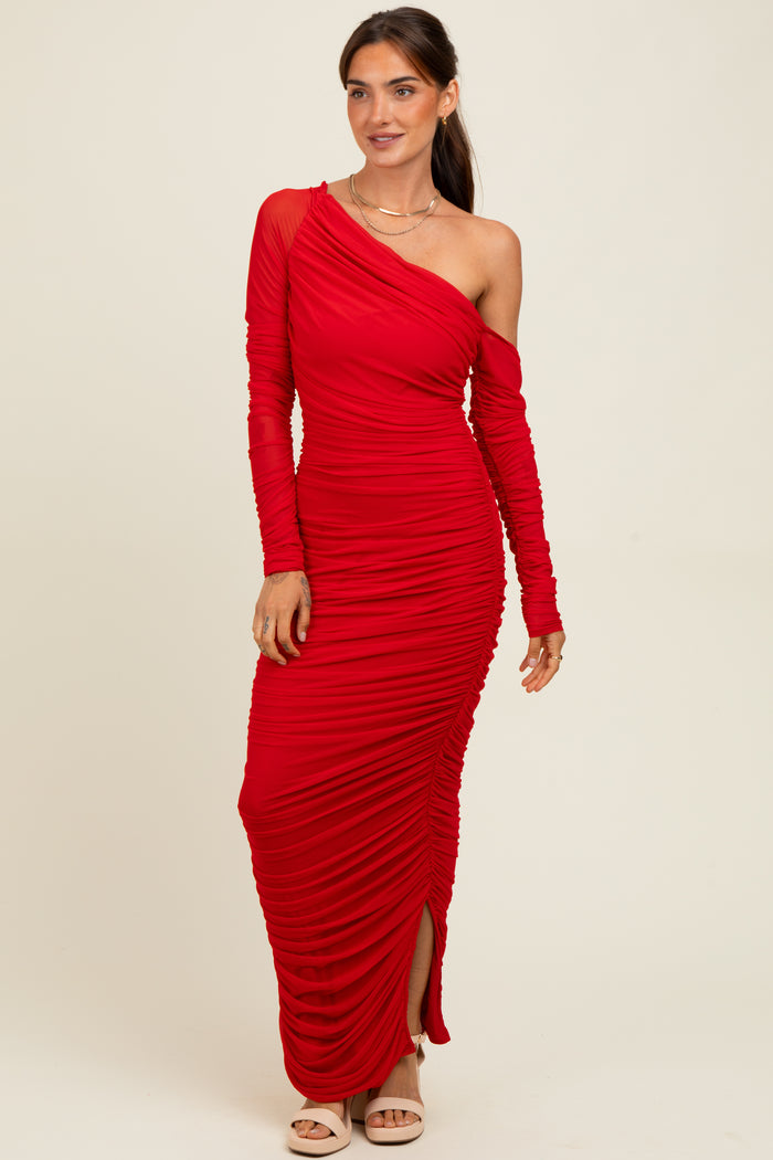 Red Ruched Mesh One Shoulder Long Sleeve Maxi Dress
