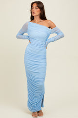 Light Blue Ruched Mesh One Shoulder Long Sleeve Maternity Maxi Dress