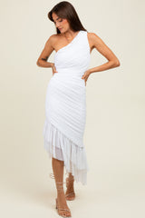 woman wearing a white one-shoulder midi dress with ruching and a flowy hemline