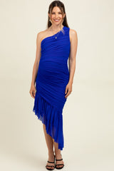 woman wearing a royal blue one-shoulder maternity dress with ruched details and an asymmetrical hem, showing her baby bump