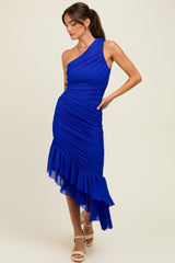 woman wearing a royal blue one-shoulder midi dress with ruched detailing and a ruffled hem