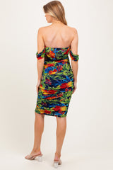 Black Tropical Mesh Ruched Off Shoulder Maternity Dress