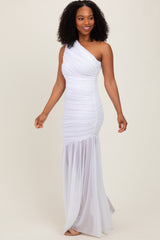 woman wearing a white one-shoulder evening gown with ruched details and a flared skirt
