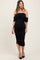 woman wearing a black off-the-shoulder maternity dress with ruching and a visible baby bump